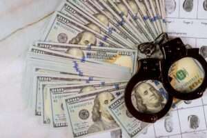 Police handcuff in the arrest corruption and money U.S. dollars banknotes and criminal investigation fingerprint record